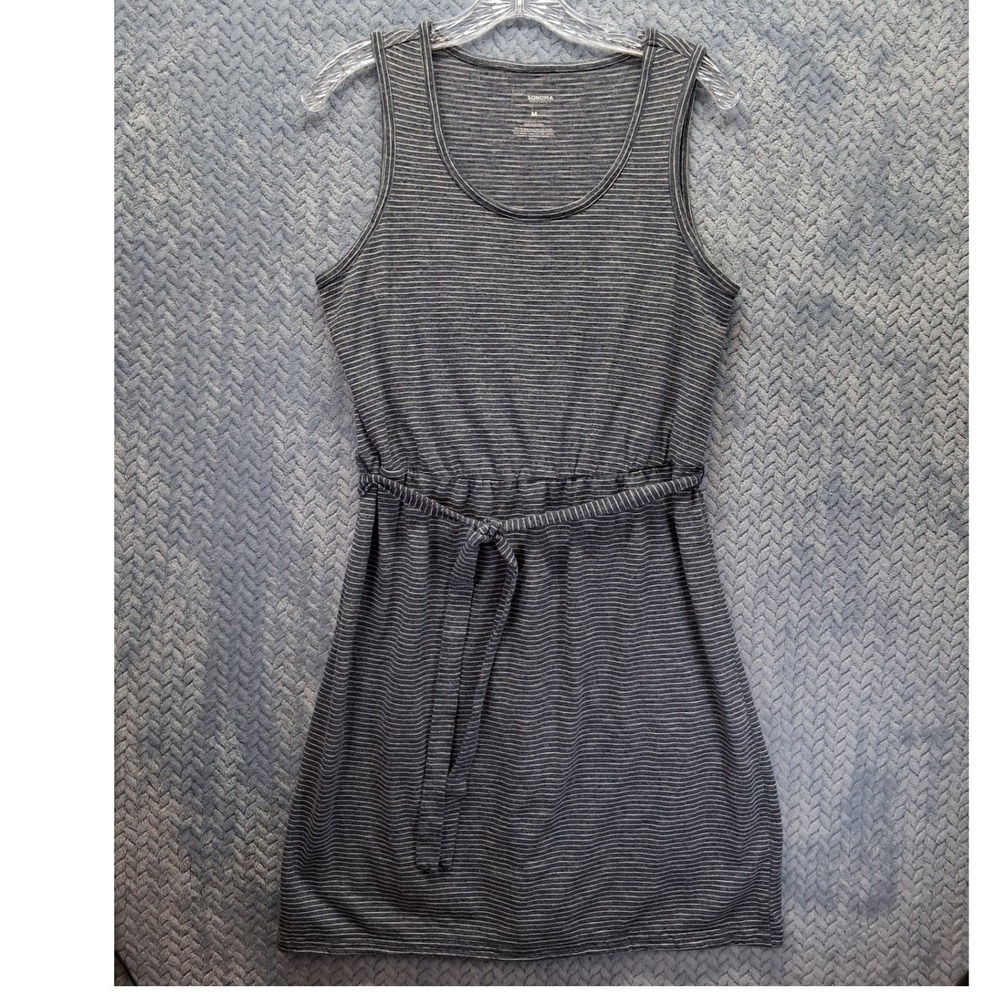Sonoma Blue Striped Sleeveless Tie Waist Knit Dress Womens Medium Summer Comfort